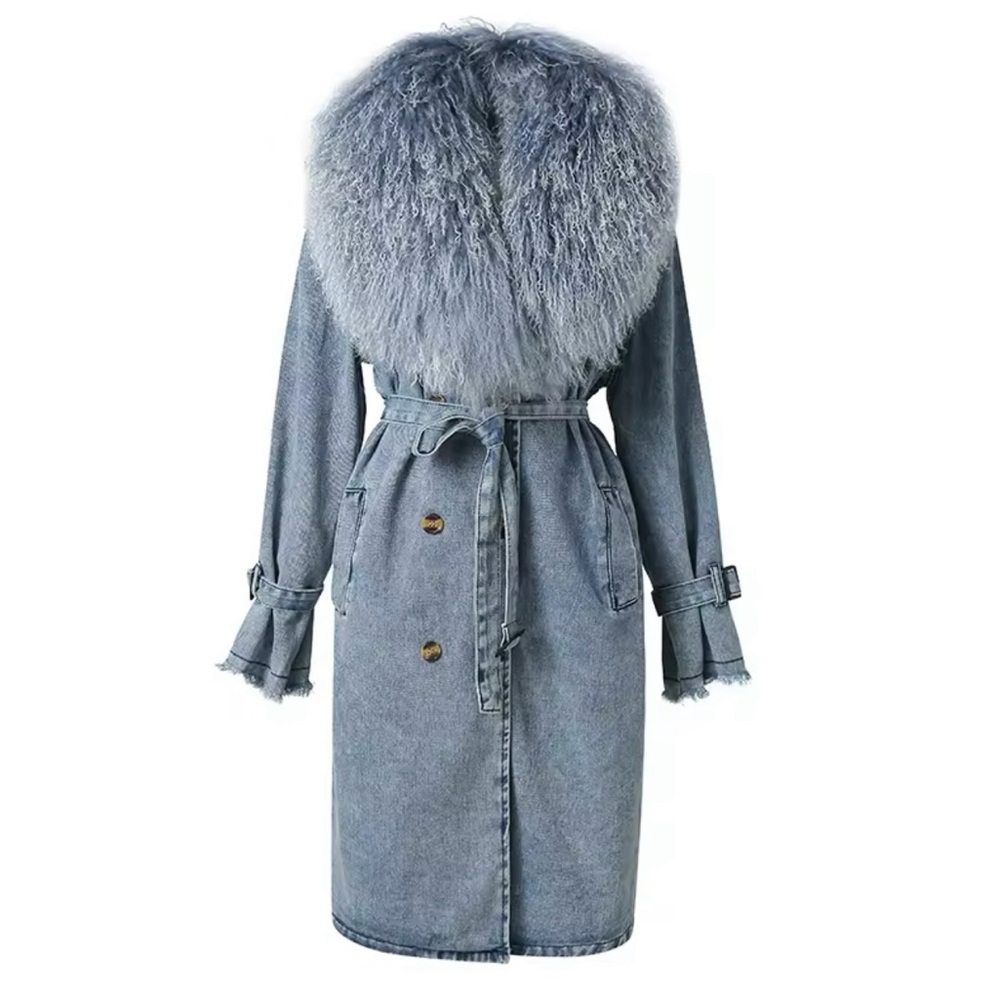 NWT - Denim coat with Mongolian fur.